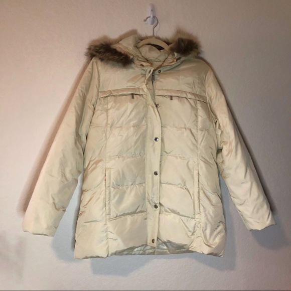 MICHAEL Michael Kors Jacket Cream Down Hooded Jacket Sz L EUC Fur Trim Hood - Picture 2 of 14